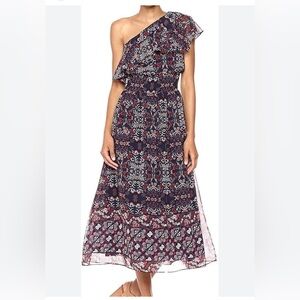 Vince Camuto one shoulder midi dress navy floral ruffle size 8 lined